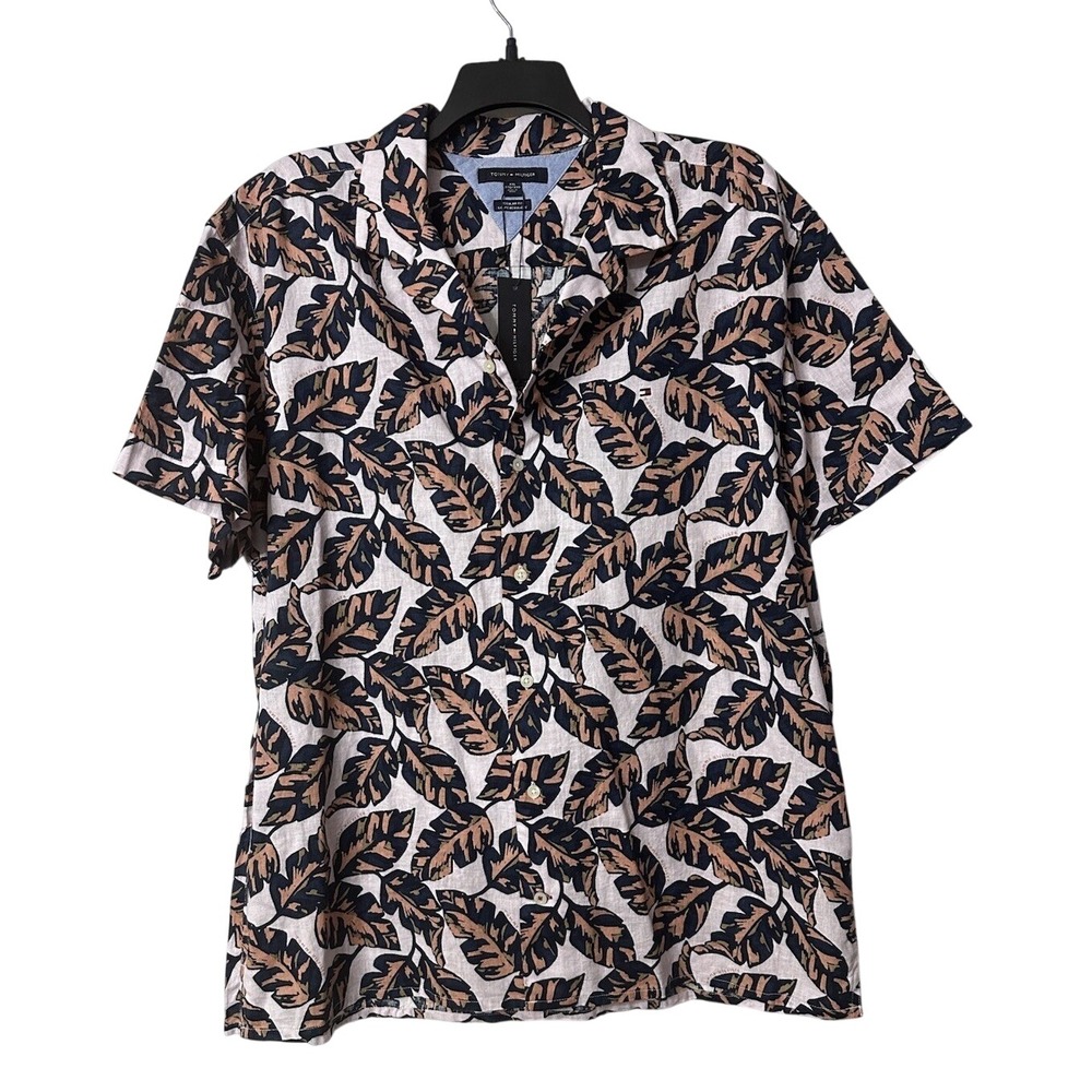 NWT Tommy Hilfiger Mens Short Sleeve Linen Blend Floral Button Shirt Size 2XL